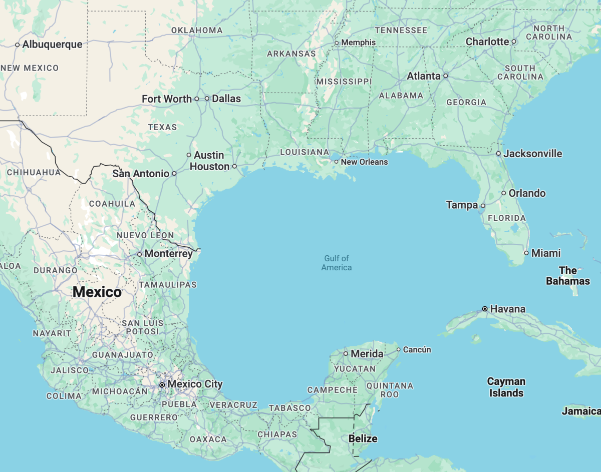 Exclusive Name Swap.  The Gulf lies southeast of Texas, and East of Mexico.  The recent naming change only applies to users inside the United States, while other users outside of the country will see it either as the Gulf of Mexico, or both.  "I think that if some adopt the name change, others will as well, and it will grow exponentially," Gilliland said.